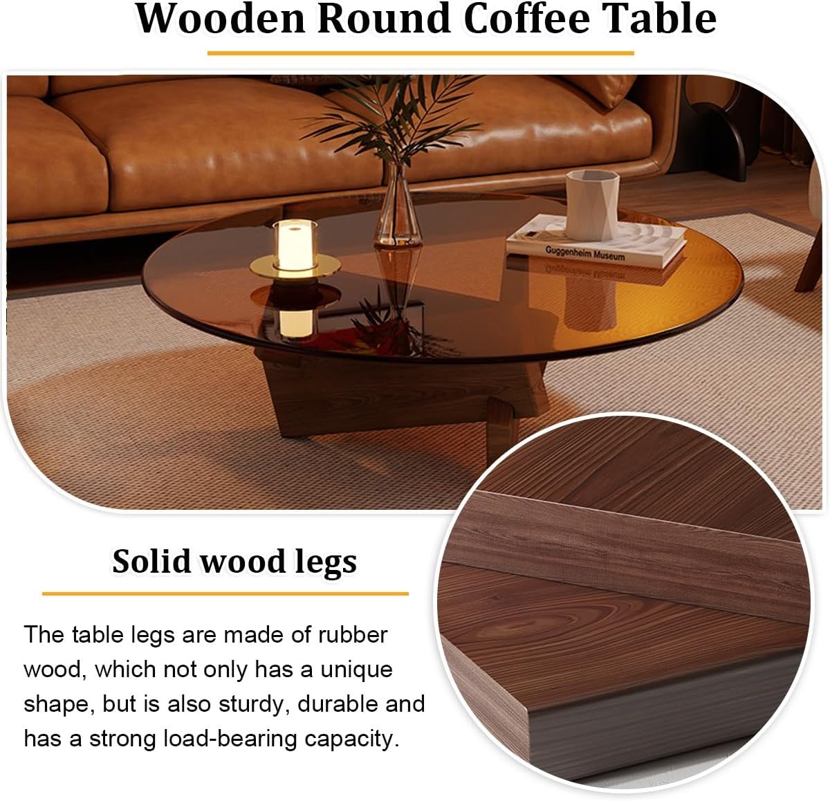 Couchtisch Rund Glas, Wohnzimmertisch, Zentraler Wohnzimmer-Couchtisch, Tischbeine Aus Massivholz, Minimalistisches Design für Wohnzimmer Oder Büro(Black,W80xH31cm/31x13in)