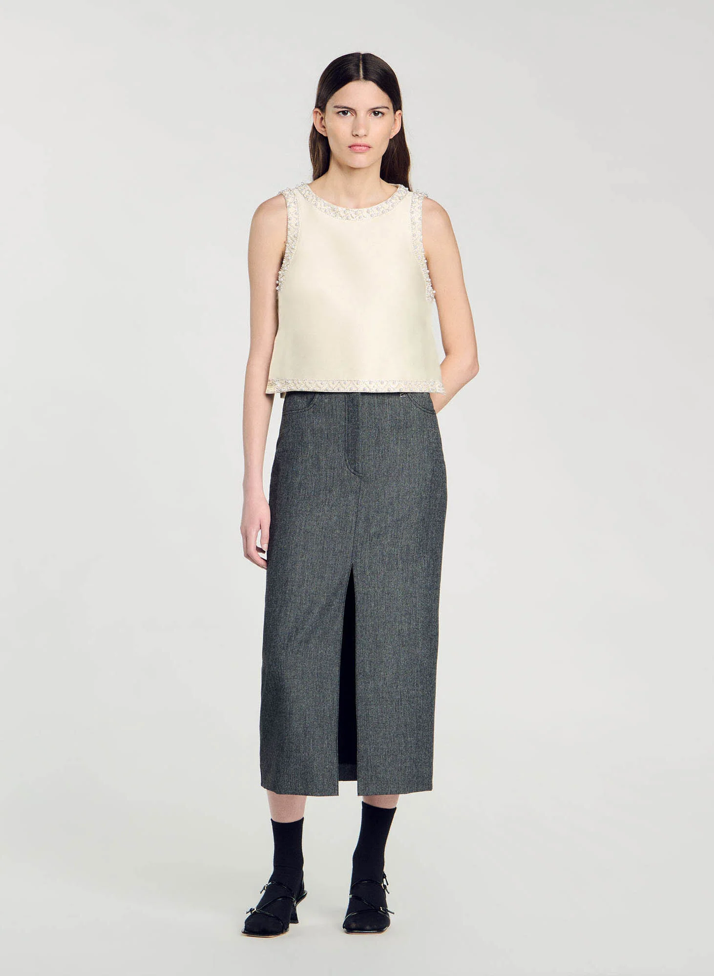 Top satiné à strass | Blanc