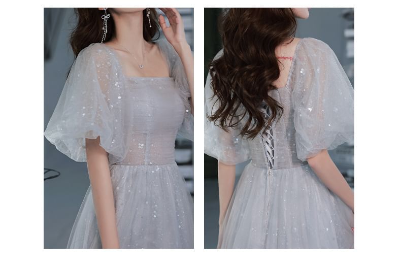 LEFFA - A-lijn avondjurk met pofmouwen en pailletten van mesh