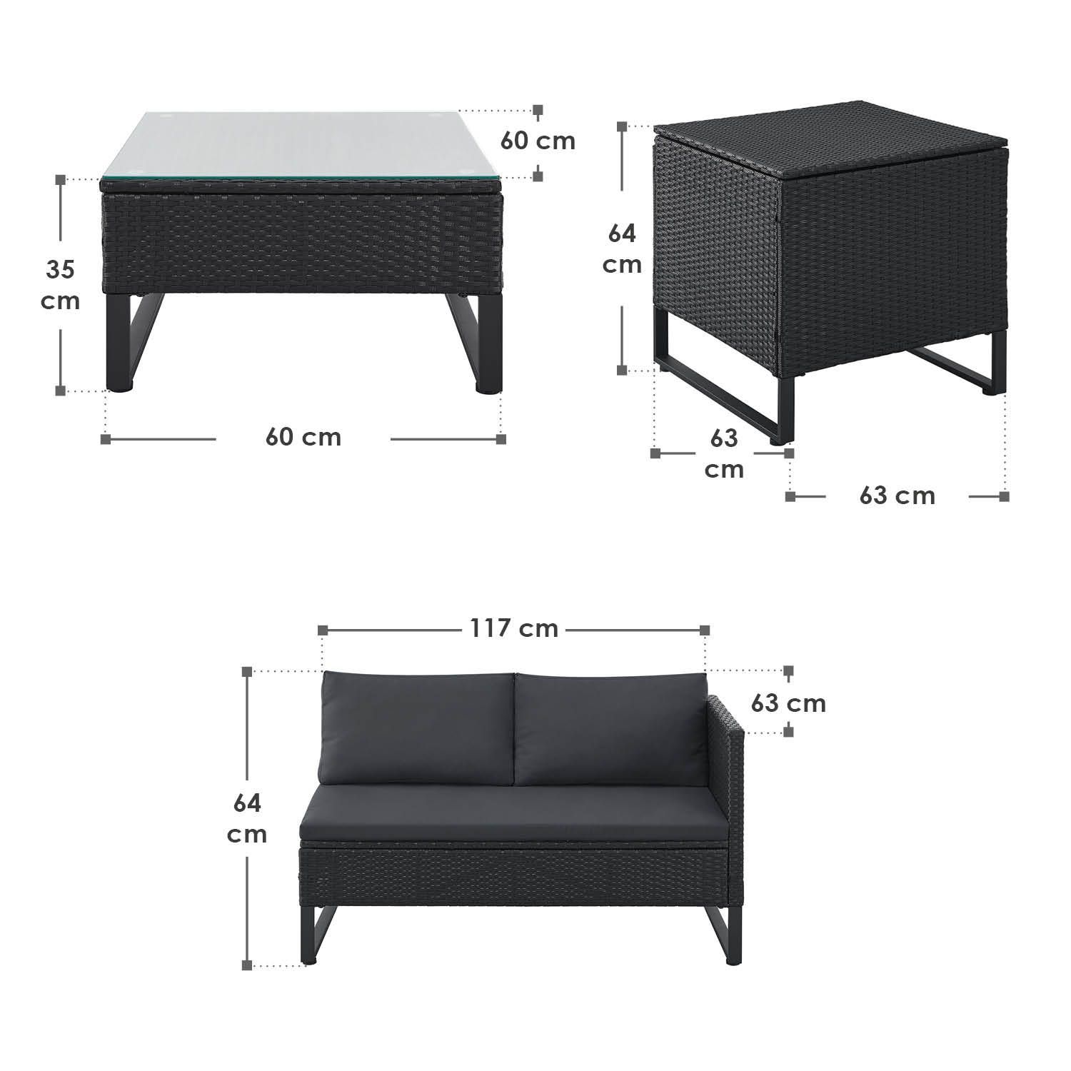 Juskys Polyrattan Lounge Santorini - Outdoor Sitzecke mit Beistelltisch & Auflagenbox - Schwarz