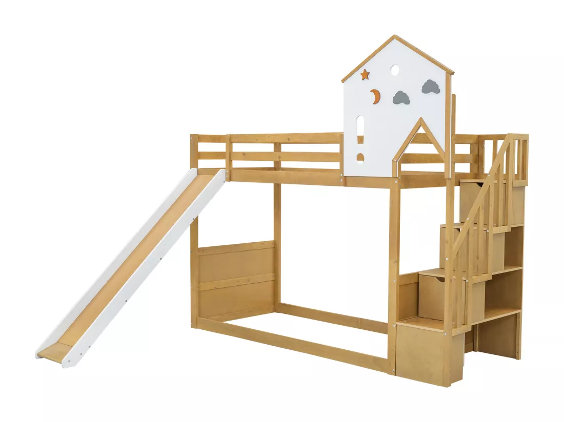 Lit superposé 90x200cm - avec escalier de rangement et toboggan - en bois de pin et MDF - Naturel