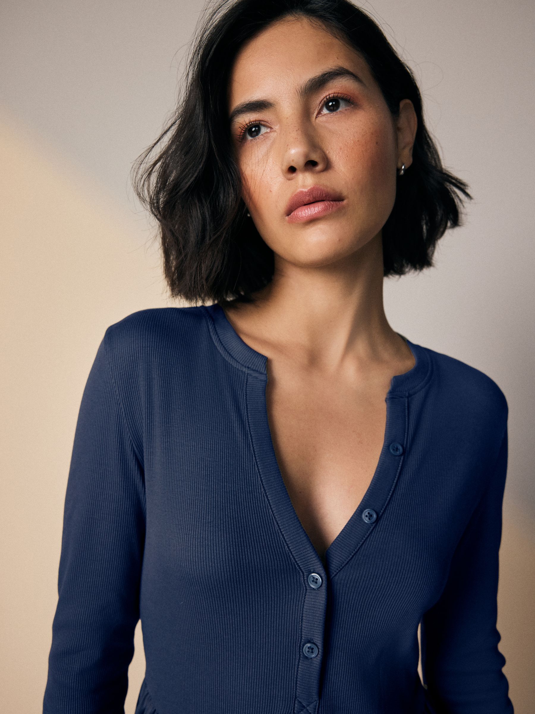 Donkerblauw - Jersey midi-jurk met geweven mix en taille