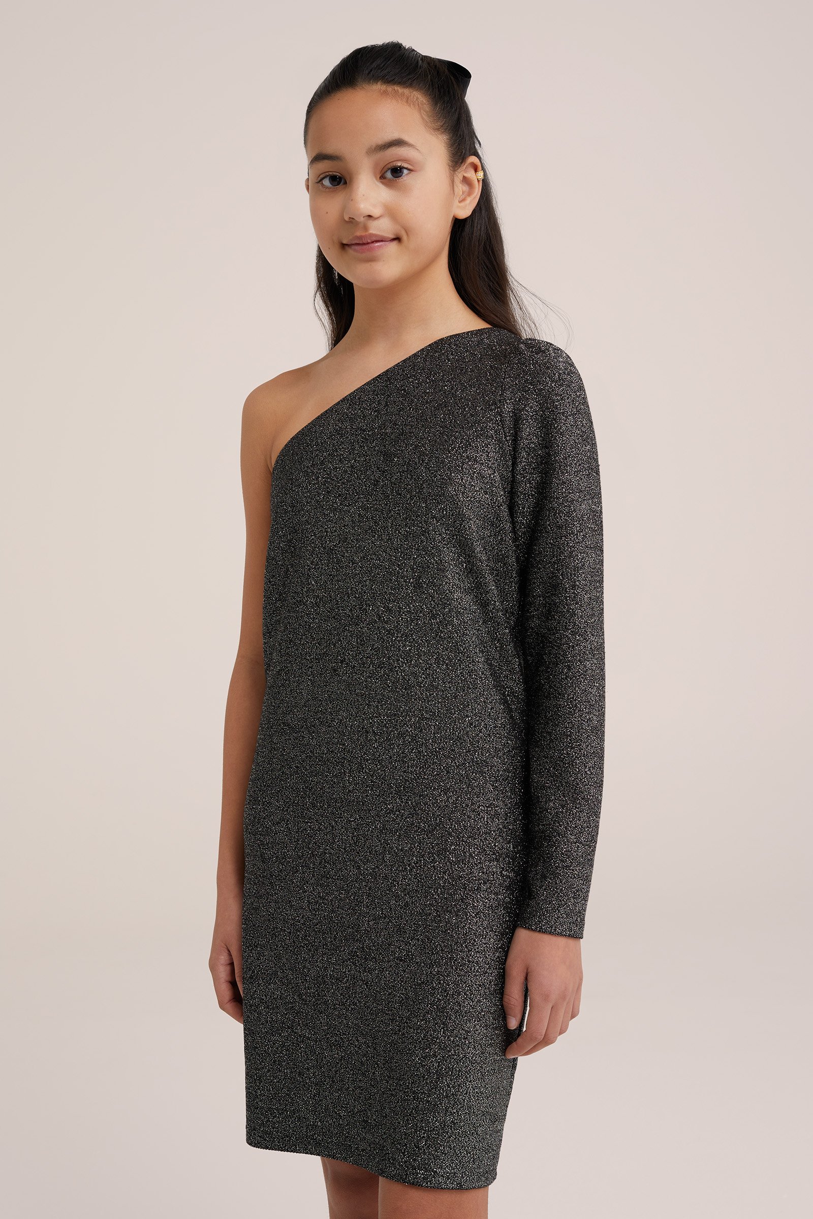 Meisjes one-schoulder jurk met glittergaren WE Fashion Zilver