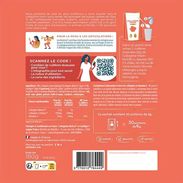 Nutri&Co Colágeno Marinho Tipo 1, 2 e 3 para Pele e Articulações Sabor Pêssego 180g
