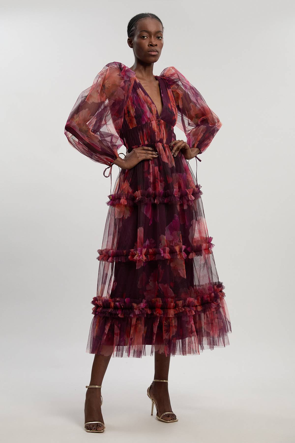 KarenMillen Robe Longue Tissée À Décolleté Plongeant Avec Manches Ballon En Tulle Fleuri