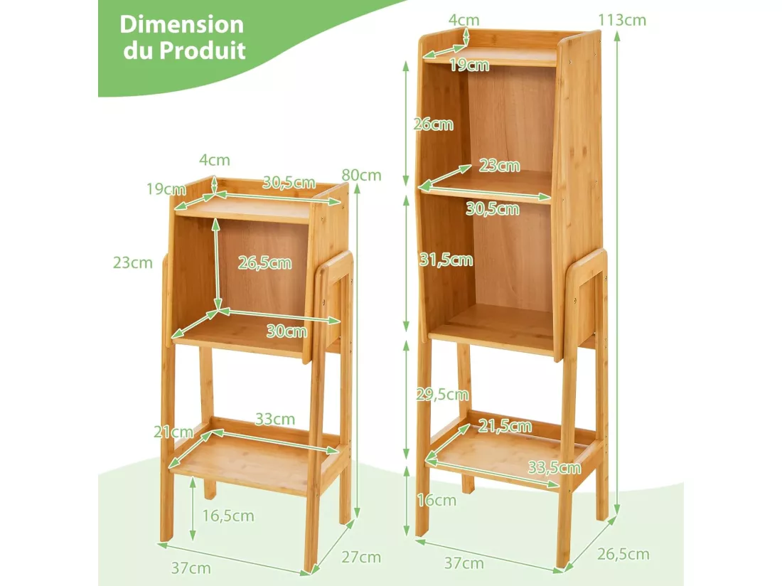 Bibliothèque Étagère Rangement en Bambou, Meuble Case Compartiment Cube, Pieds Bords Surélevés, Meuble Bibliothèque pour Petit Espace, Chambre, Salon, Cuisine (Jaune, 113 CM)