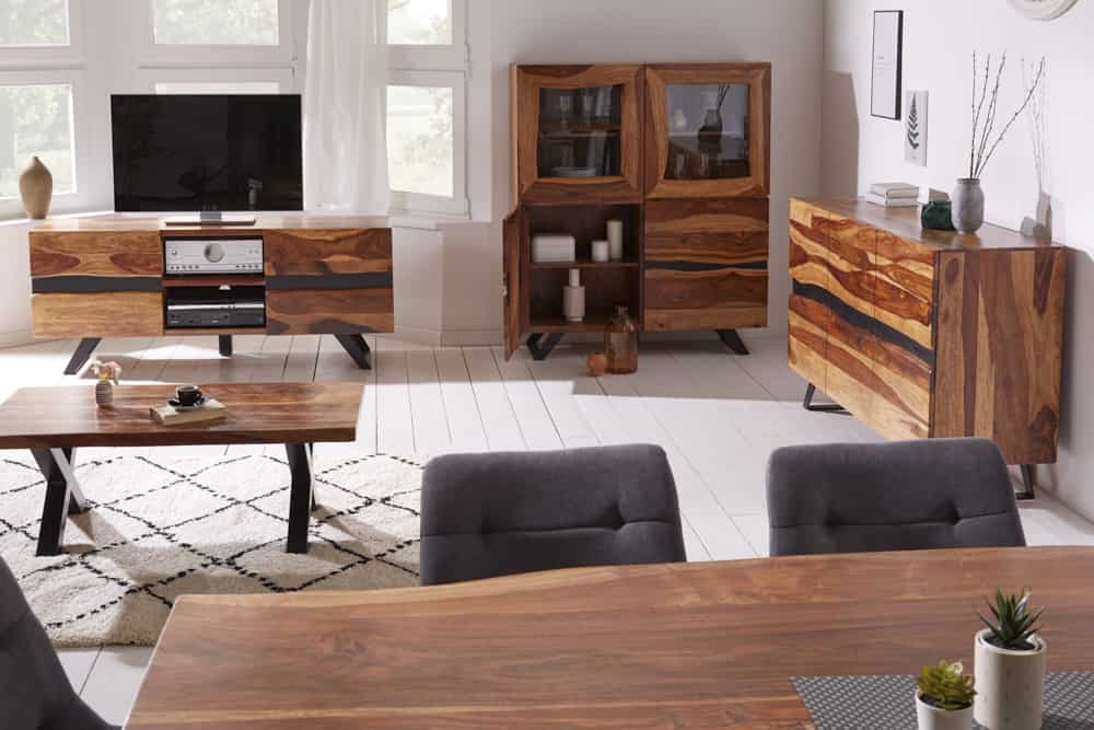 Massivholz Baumkanten Esstisch AMAZONAS 200cm braun Sheesham schwarzes Metallgestell
