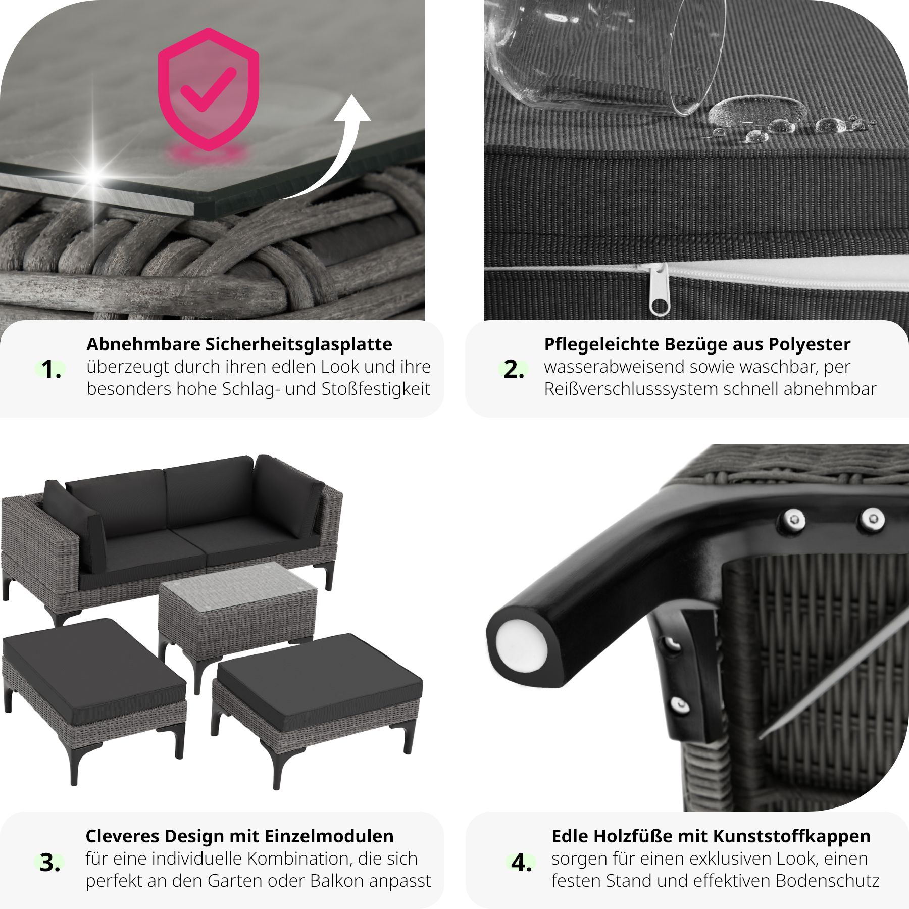 tectake® Rattan Lounge, mit Aluminiumgestell, wetterfest und UV-beständig, mit Sicherheitsglasplatte