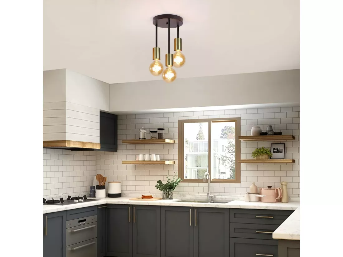 NETTLIFE Plafonnier 3 Spots E27 Suspendu Vintage Noir Or avec Lustre Industriel Moderne pour Salle à Manger Cuisine Couloir Salon Bar, Max. 25w