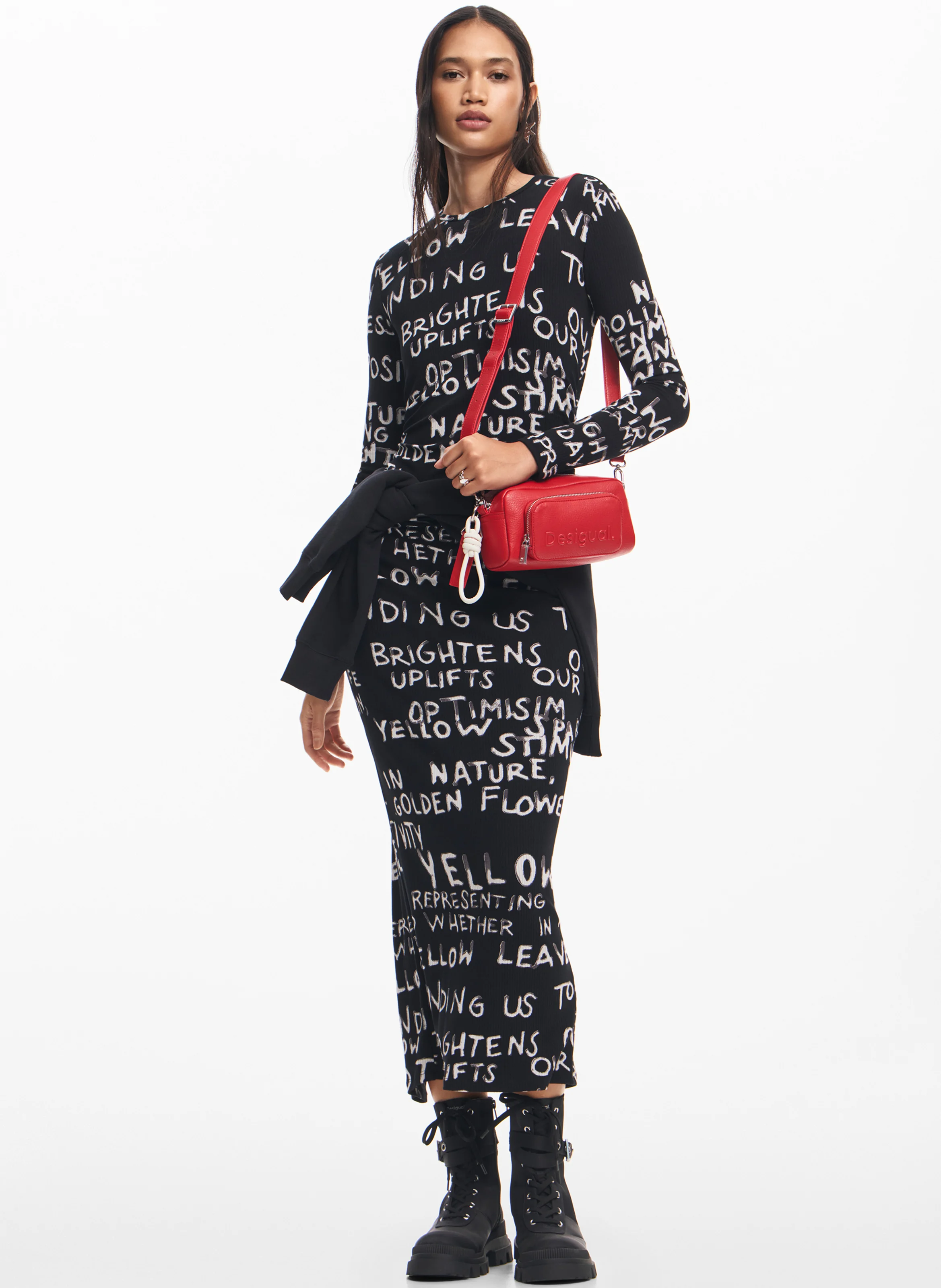Robe longue col rond imprimée | Noir