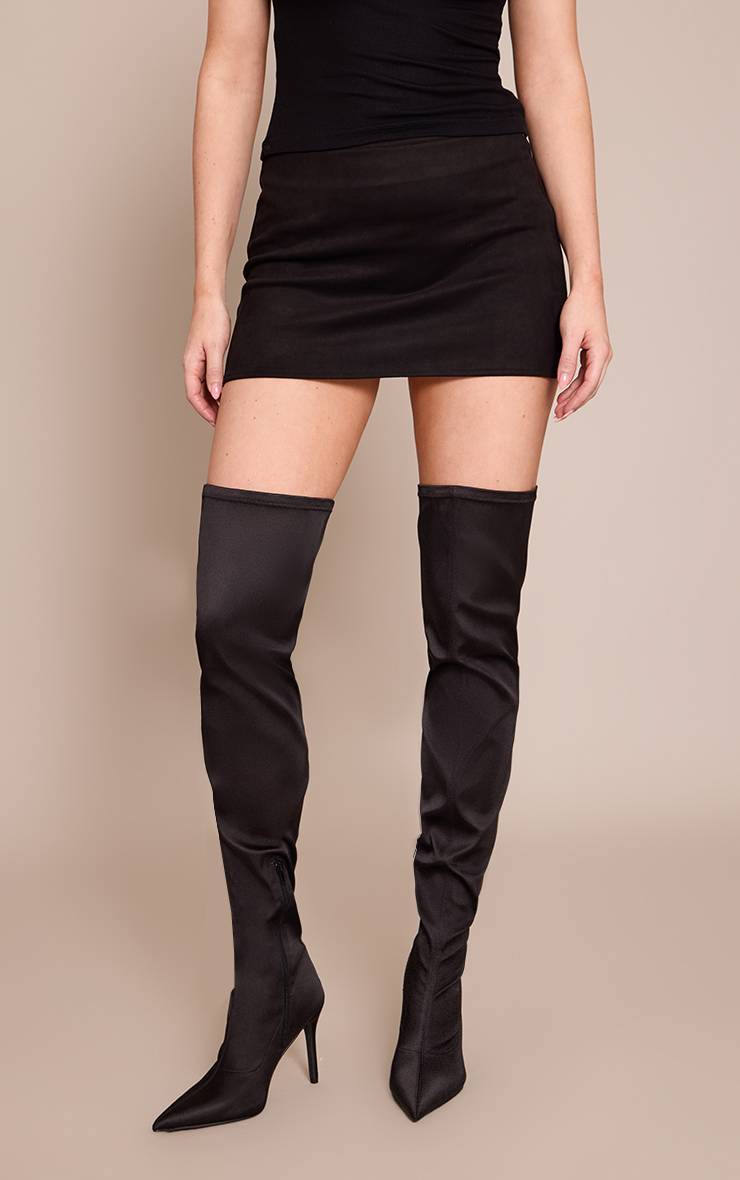 Noir Bottes À Talon À Bout Pointu En Satin Au-dessus Du Genou