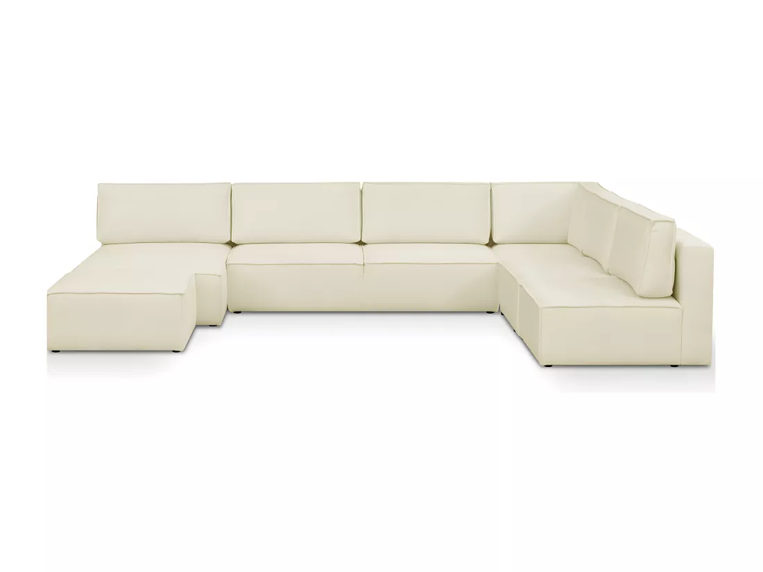 Canapé d'angle à droite panoramique modulable convertible 10 places avec pouf en tissu bouclé écru - Harper Mod