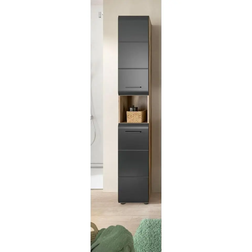 Hioshop Ice kolomkast 2 deuren- 1 plank zwart mat- eiken decor