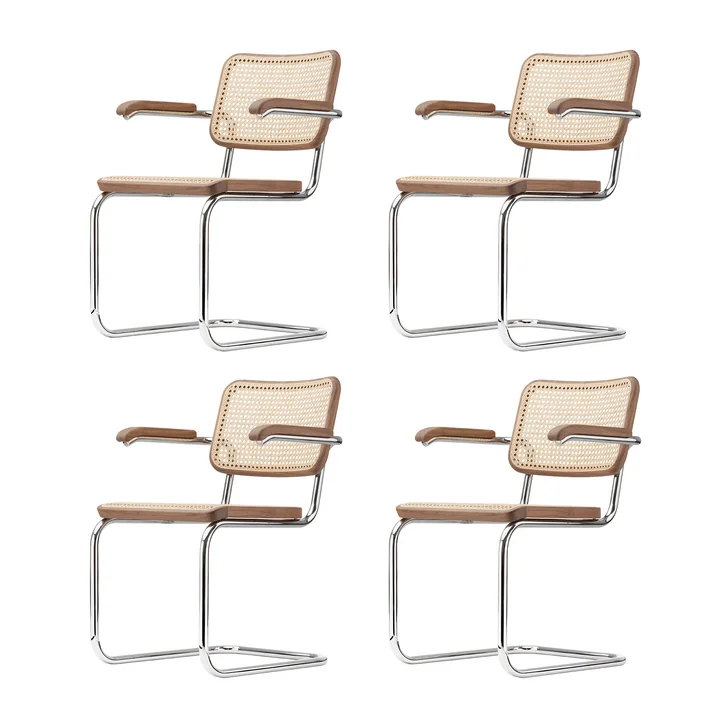 Thonet - S 64 V Armlehnstuhl, Chrom / Nussbaum / Rohrgeflecht mit Kunststoffstützgewebe (Pure Materials) (4er-Set)