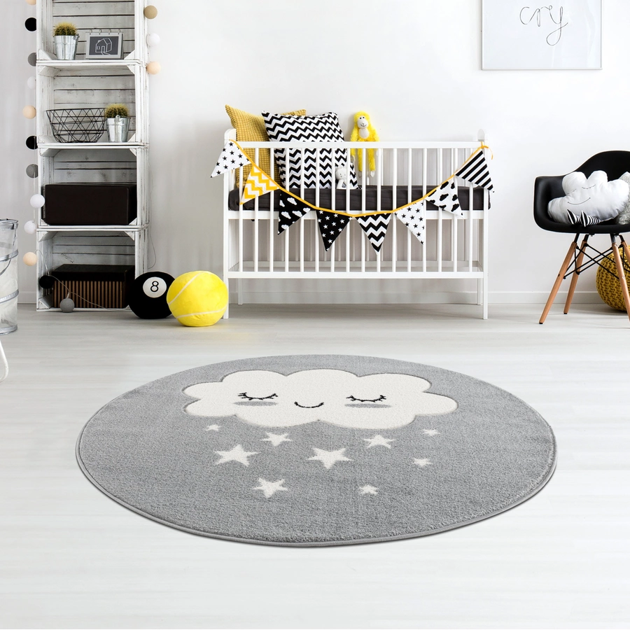 LIVONE Kinderteppich Kids love Rugs WOLKE Rund silbergrauweiss