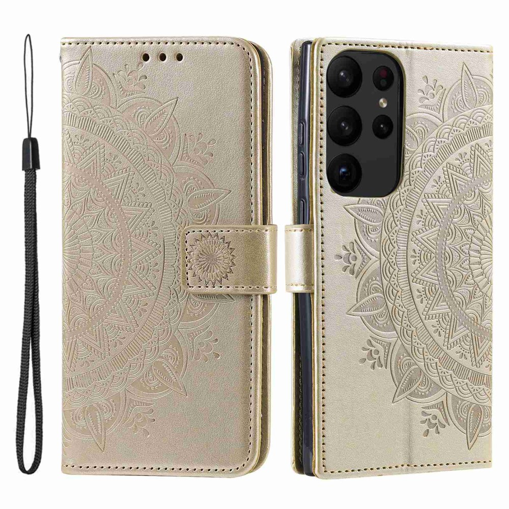 Samsung Galaxy S23 Ultra 5G Leder Tasche Wallet - Mandala Flowers Imprint - Gold