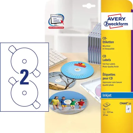 Avery Zweckform C9660-25 CD-Etiketten SuperSize,A4 Ø 117 mm, 25 Bogen/50 Etiketten, weiß