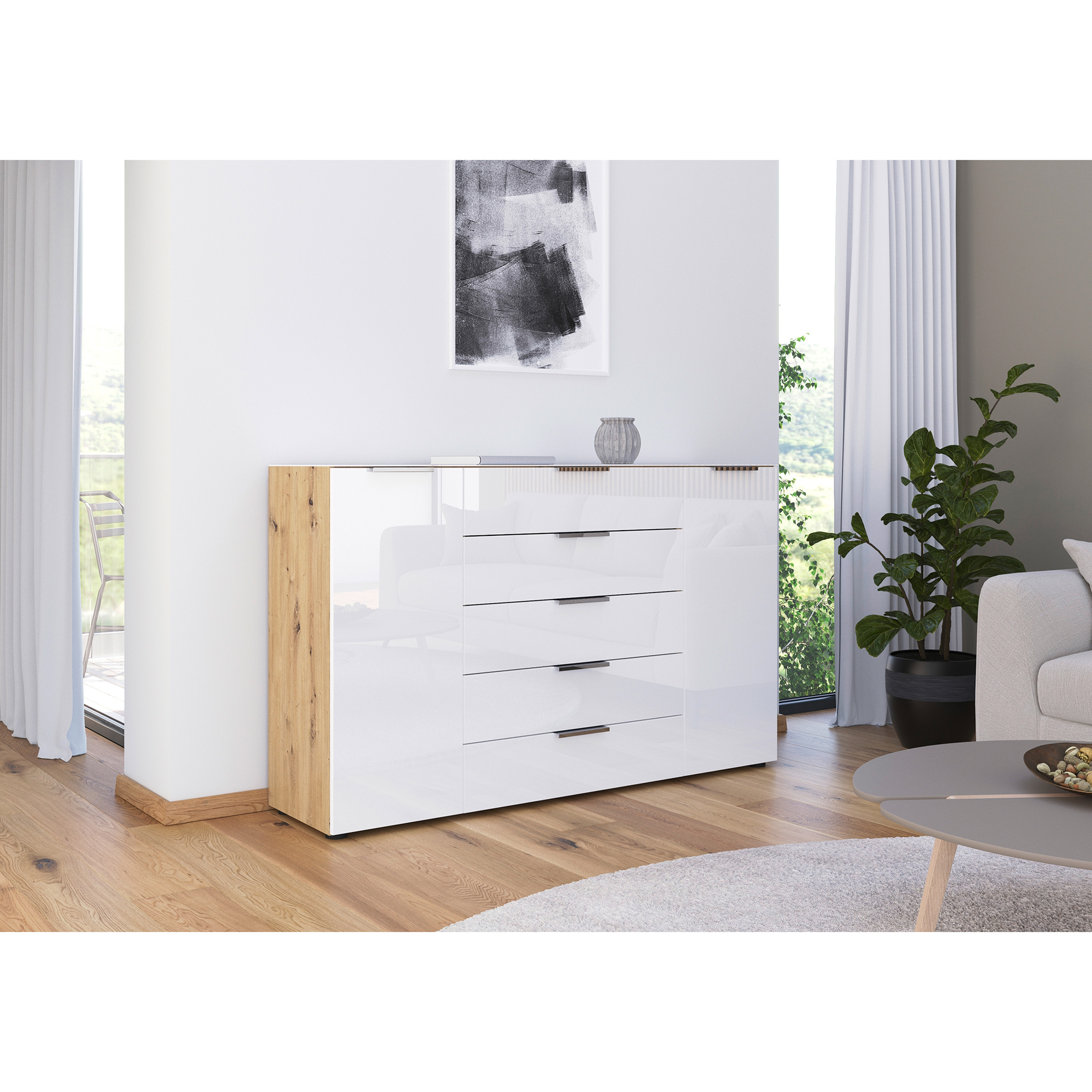 Kommode - Artisan Eiche-Kristallweißglas - Chromgriffe - 160 cm