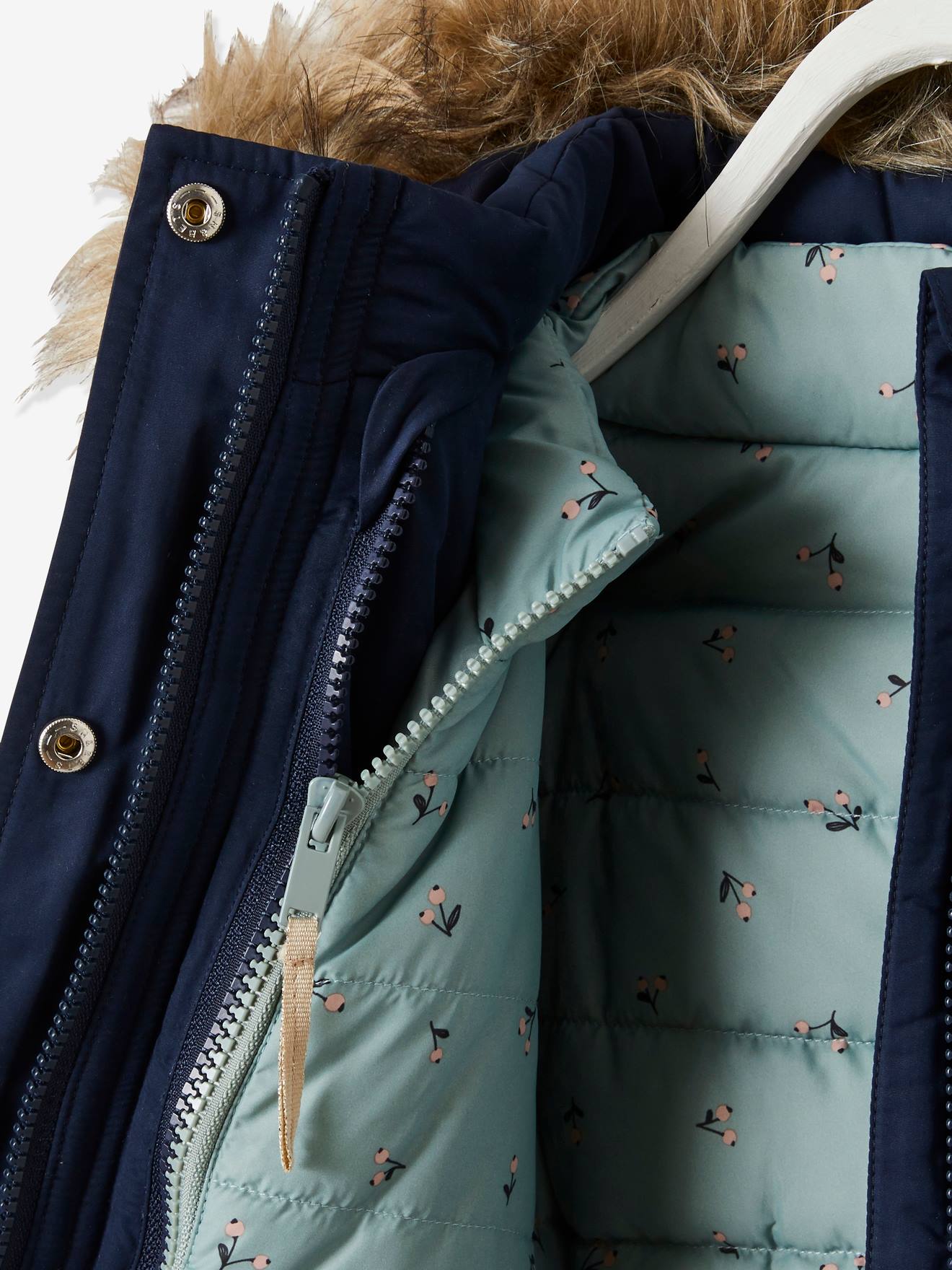 Parka com capuz 3 em 1, jaqueta acolchoada e enchimento de poliéster reciclado, para meninas, rosa escuro liso.