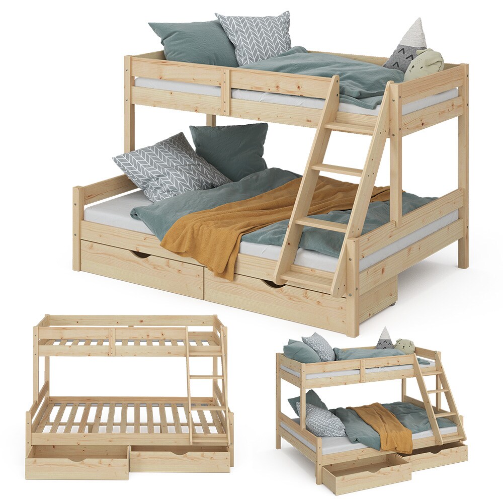 VitaliSpa Hochbett Kinderbett Spielbett Everest Natur modern 140x200 Massivholz Kinderzimmer Bett Lattenrost Bettleiter Kletterbett Doppelbett Geschwisterbett Bettschublade Rollschublade Matratze