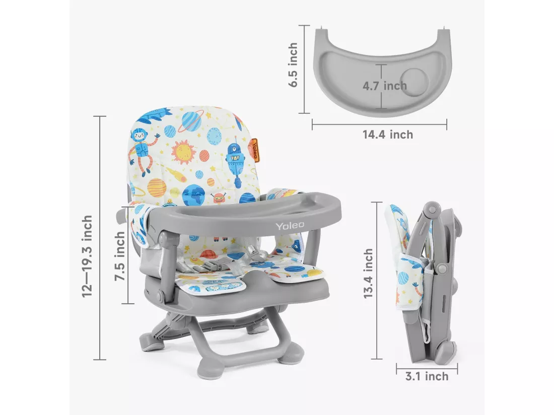 YOLEO Réhausseur Chaise Enfant Pliable,Chaise Haute Bébé Portable,Bébé Chaise repas en Hauteur Réglable,Plateau Amovible,6 mois à 3 ans,Gris avec Coussin Planète