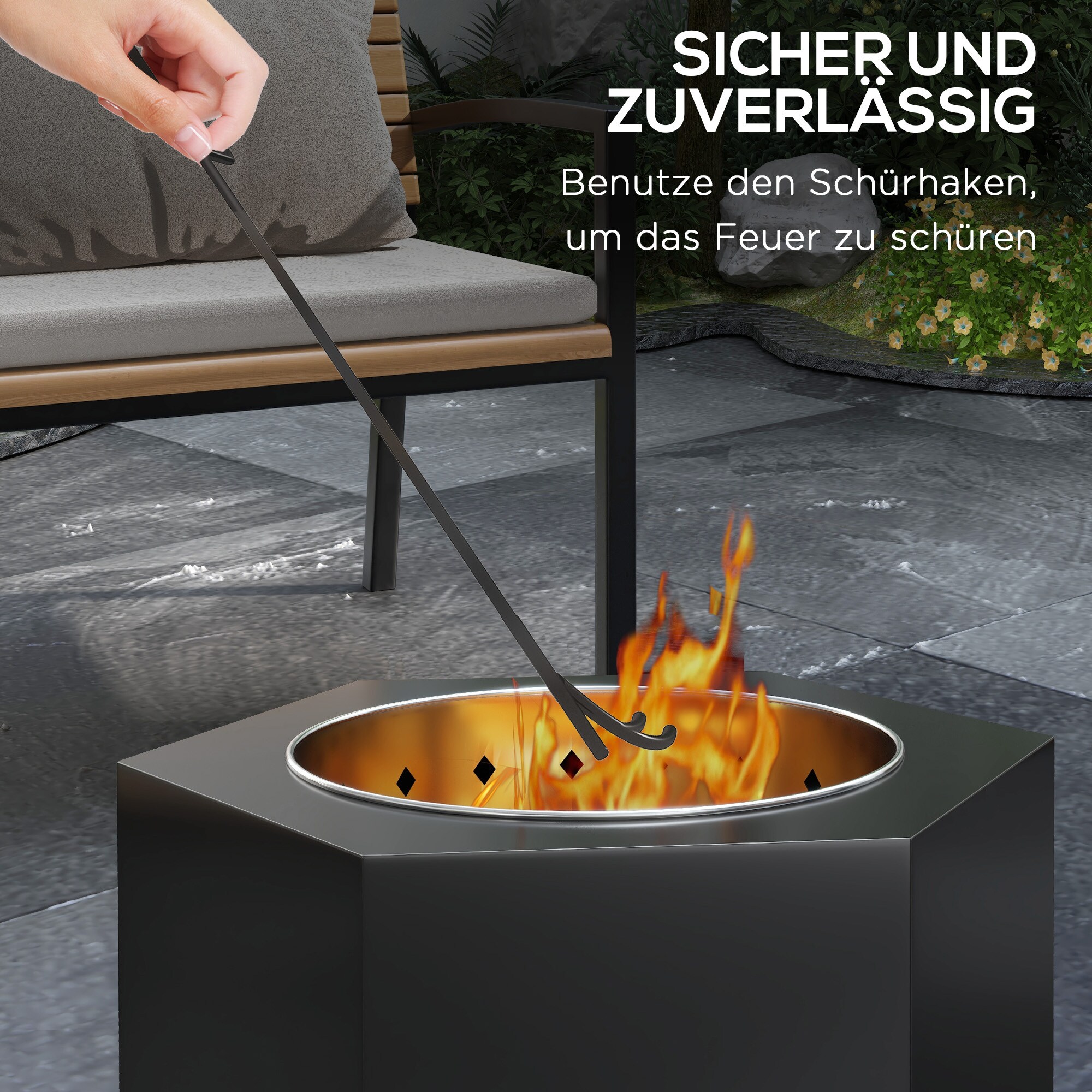Outsunny Feuerschale mit Schürhaken schwarz 45L x 38,8B x 46,5H cm