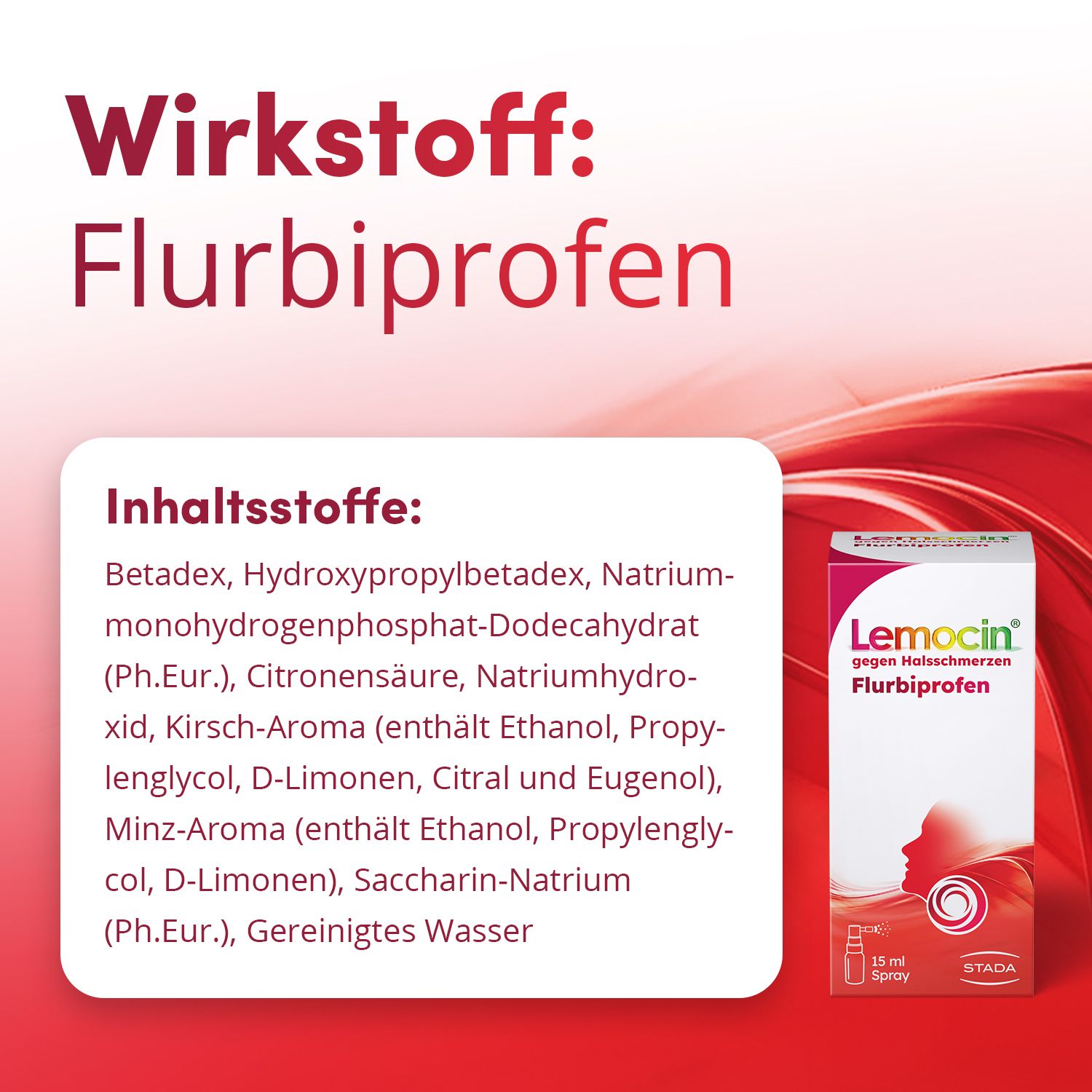 Lemocin® Flurbiprofen Spray gegen Halsschmerzen – schmerzlindernd & entzündungshemmend bis zu 6 Stunden, angenehmer Kirsch-Minz-Geschmack – für Erwachsene ab 18 Jahren