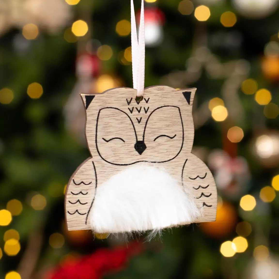 Suspension de Noël (H17 cm) Hibou fourrure Naturel