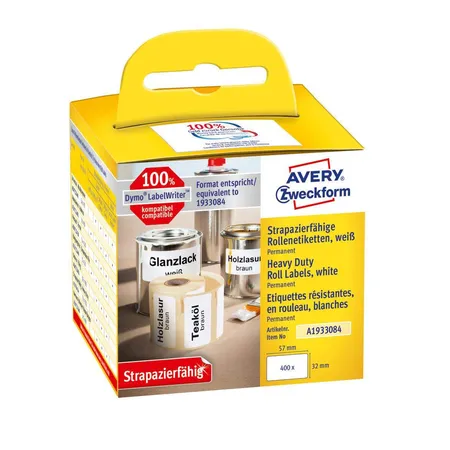 Avery Zweckform A1933084 Rollenetiketten Etiketten wasserfest 32 x 57 mm, 1 Rolle/400 Etiketten, weiß