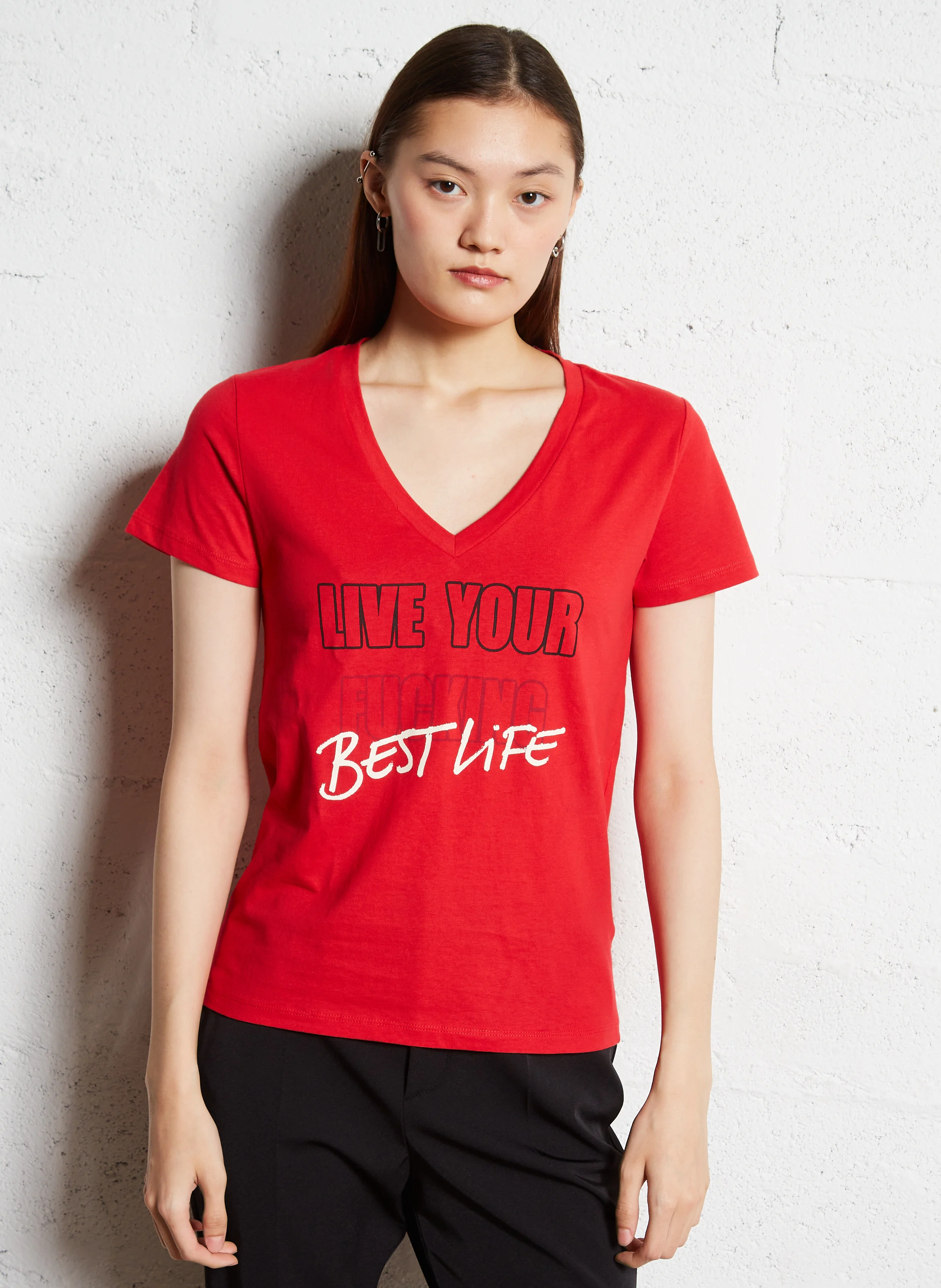 Tee-shirt droit col V en coton | Rouge