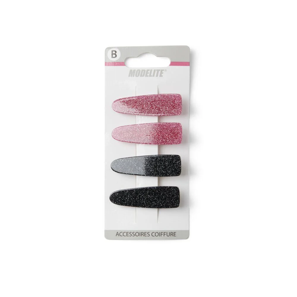 Lot de 4 pinces à cheveux plates crocodile paillettes noir et rose