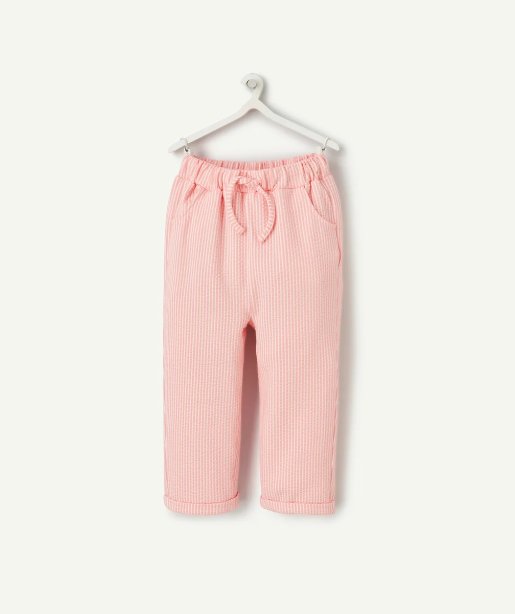 pantalon droit bébé fille en matière gaufrée à rayures roses