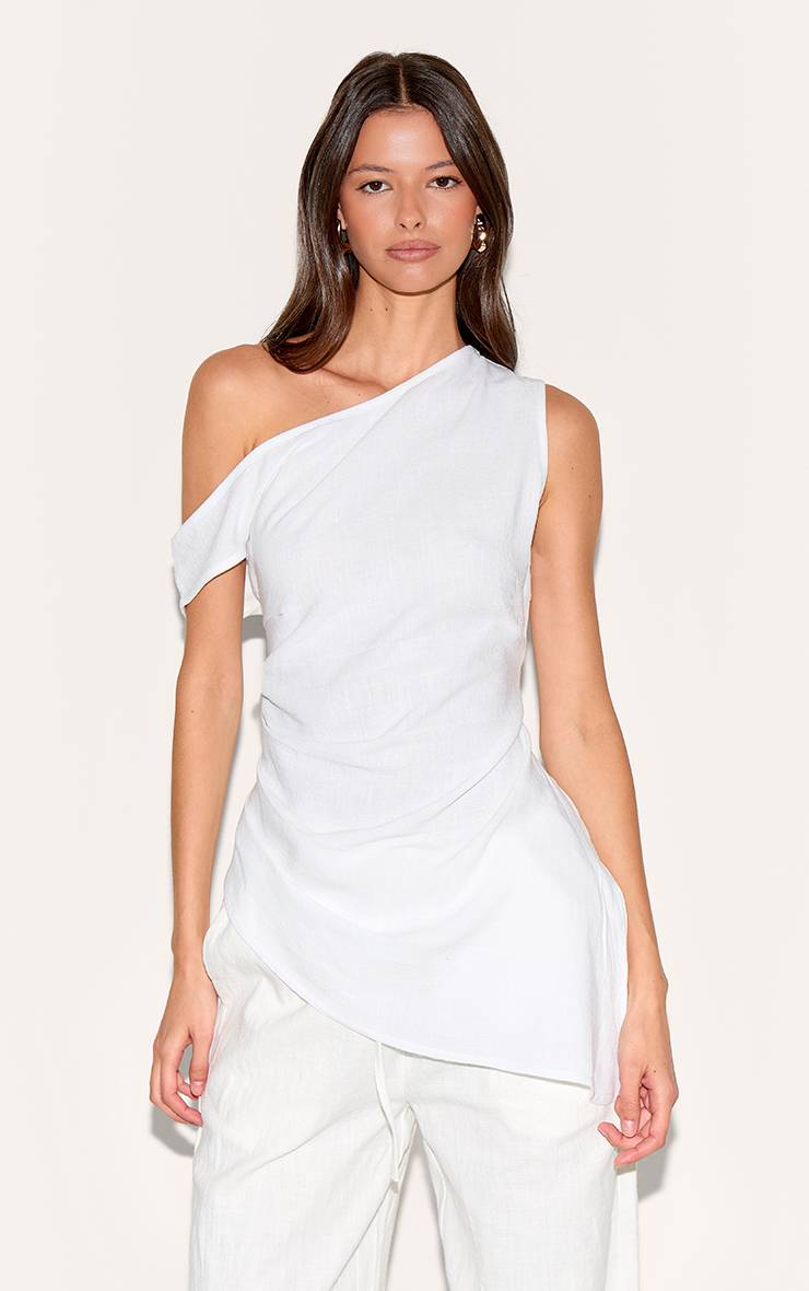 Blanc Haut Asymétrique À Une Épaule Aspect Lin