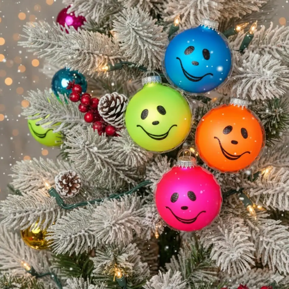 Krebs Kerstballen - 4 stuks - neon Smile - glas - 7 cm