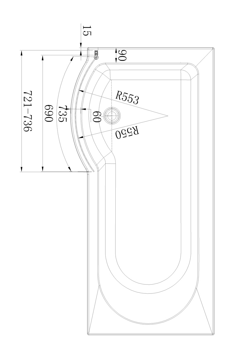 Eastbrook P-Shape badwand rechts 75x140cm chroom