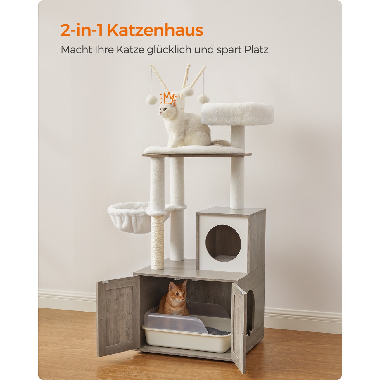 FEANDREA Kratzbaum mit Katzenklo-Schrank 2-in-1 grau
