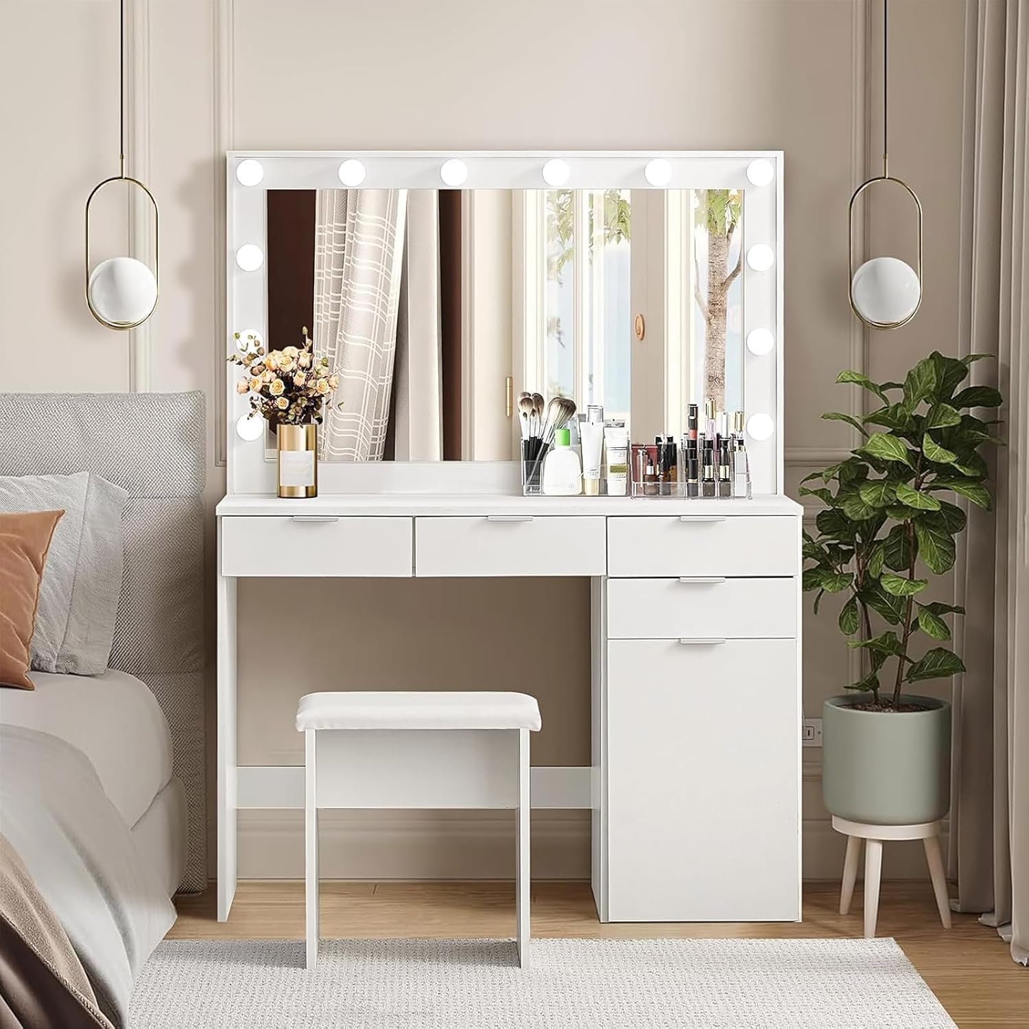 CLIPOP Große Schminktisch mit LED-Beleuchtung und Spiegel, Vanity Table, Kosmetiktisch mit 4 Schubladen und Kabinett, Frisiertisch mit Hocker für das Schlafzimmer, Weiß