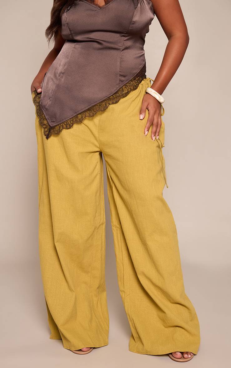 Vert Olive Pantalon Large Grande Taille En Lin Premium Avec Détails Liens Sur Les Côtés