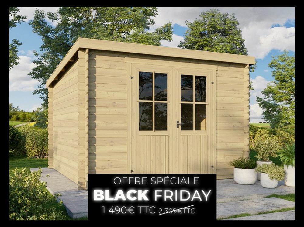 Abri de jardin bellagio 8m2 - epaisseur des madriers : 28mm - cabanon - stockage velo / outils - double porte - fermeture a clé
