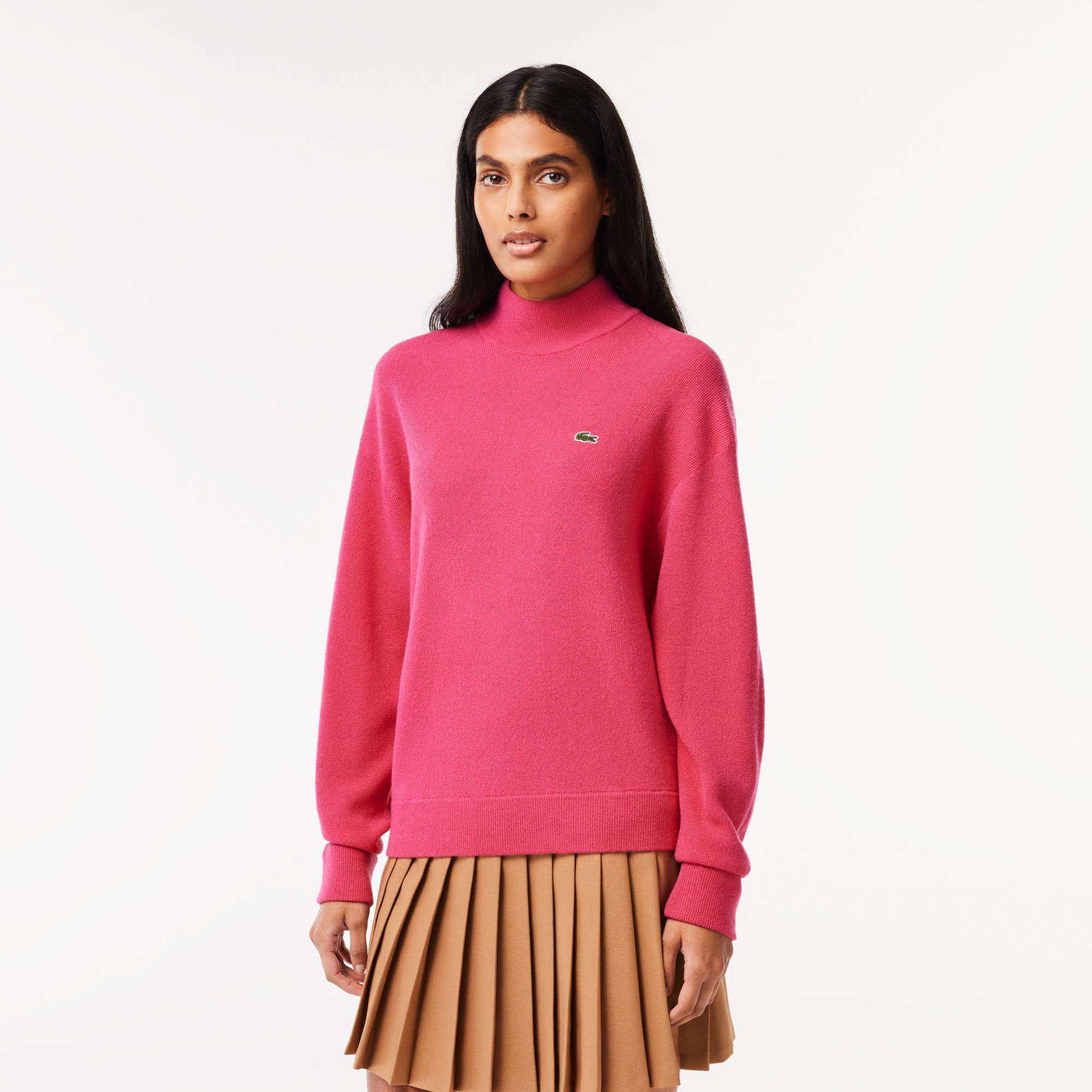 Pull Lacoste femme col montant en laine Pullovers - Rose - Lacoste - Femme