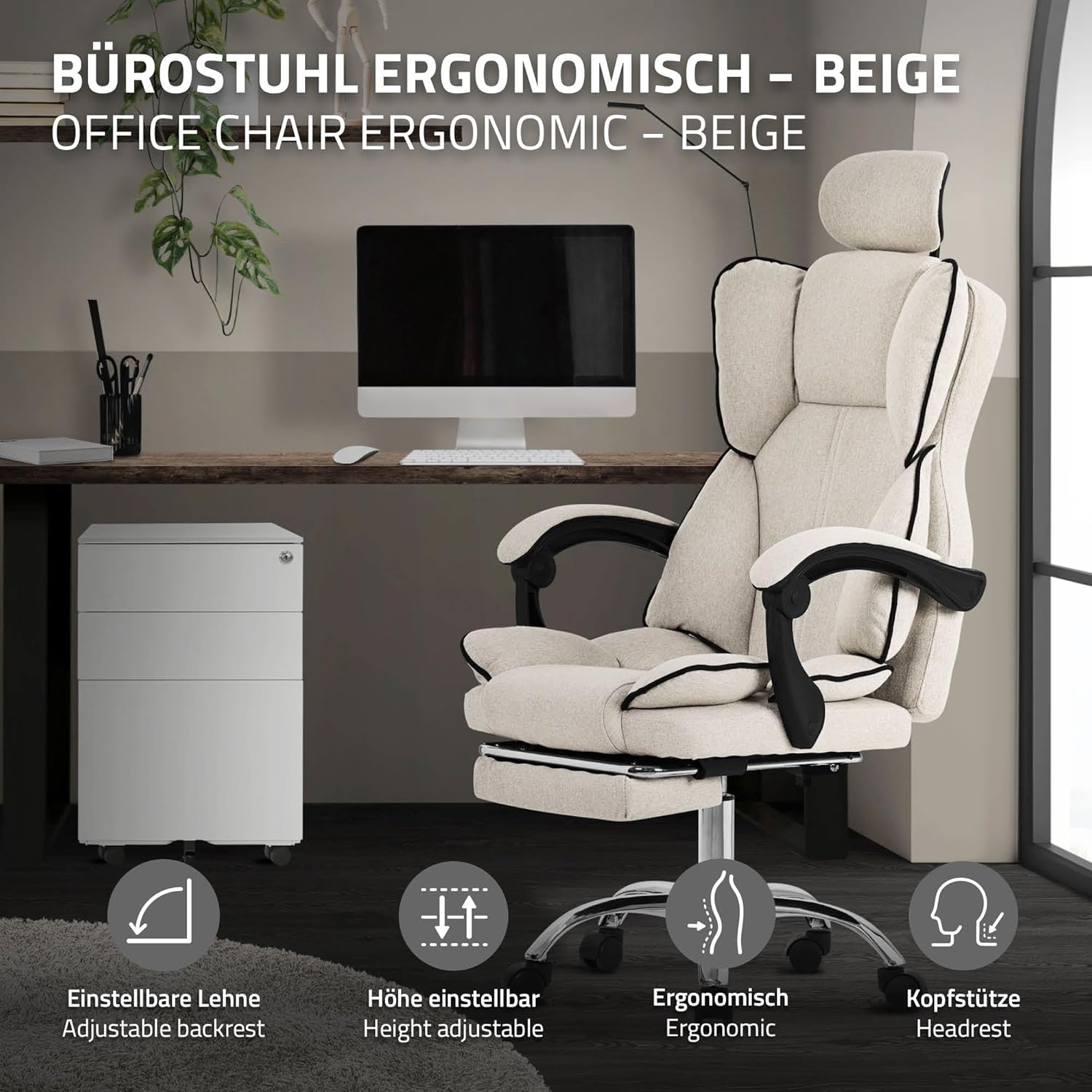 ML-Design Bürostuhl ergonomisch, Beige, Schreibtischstuhl höhenverstellbar mit hoher Rückenlehne, Drehstuhl mit Fußstütze, Kissen und Kopfstütze, Chefsessel Wippfunktion, Computerstuhl, Gaming Stuhl