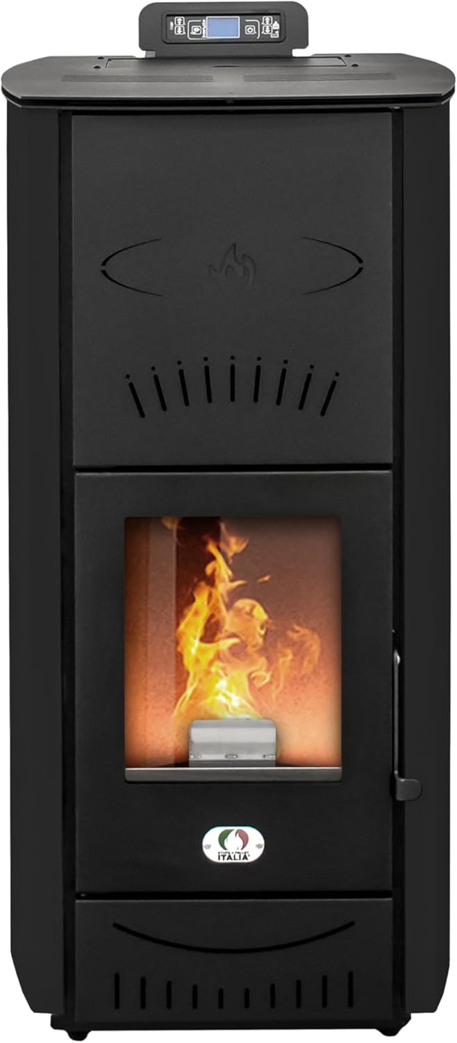 STUFE A PELLET ITALIA Asia 24 Kw | Hydro-Pelletöfen Effizienz 92% Heizung für 180m² Autonomie 22 Std. Programmierbar 5 Geschwindigkeiten und Leistungsstufen 24M Garantie Schwarz