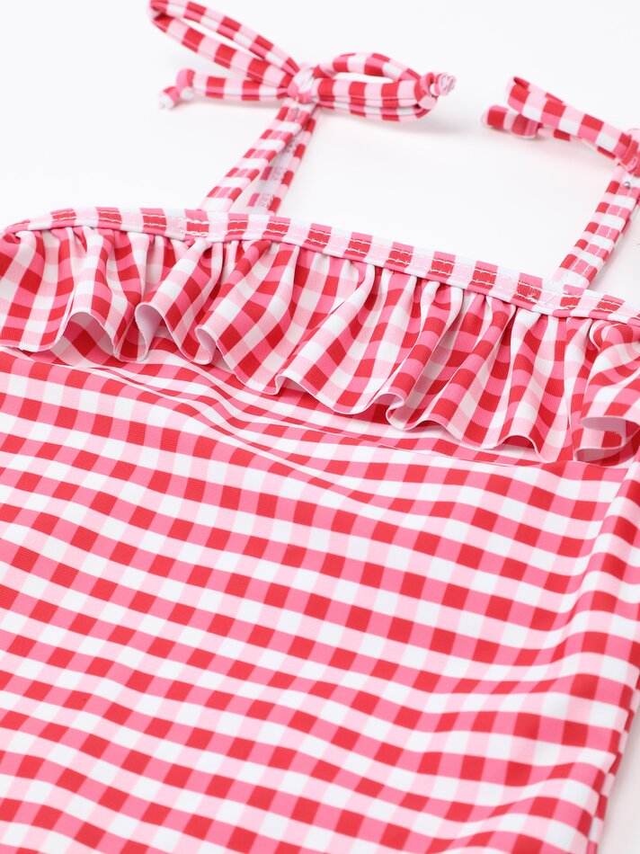 Maiô xadrez vichy com babados - Vermelho