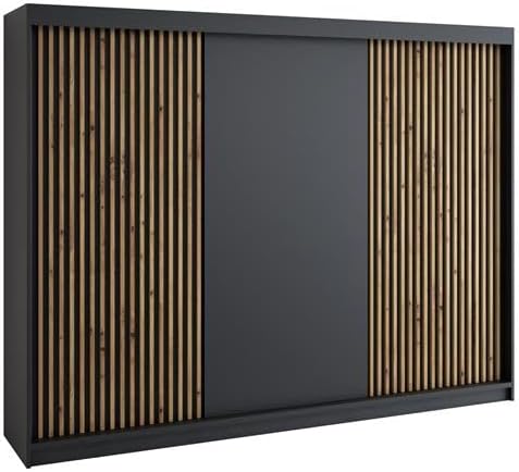 A&J MöbelLand Schwebetürenschrank IOSA Kleiderschrank 3-türig mit 4 Schubladen & 3D Lamellen, Garderobe 200 cm (Schwarz/Schwarz/Schwarz/Schwarz)
