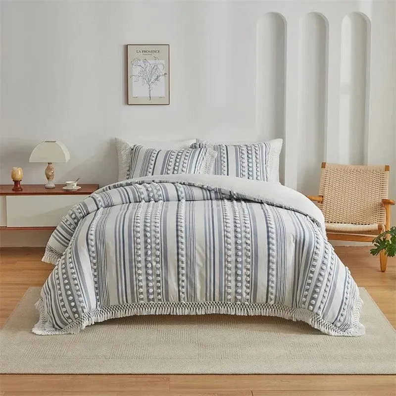 High-end Striped Cut Furball Bedding Set | Modern Boho Quilt with Tassels Bed Duvet cover Pillow case