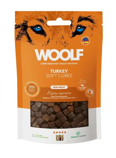 Woolf Soft Cubes Turkey 100g<br>Naturlig og proteinrik! Zip-lås pose