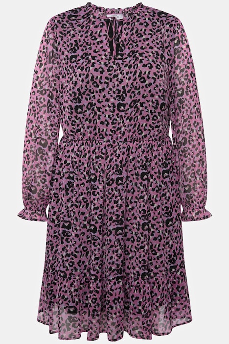 Minikleid, A-Line, Leoprint, Rüschenkragen, Langarm
