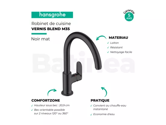 Evier 1 bac HANSGROHE S21 inox + robinet de cuisine HANSGROHE Vernis Blend M35 210 noir mat