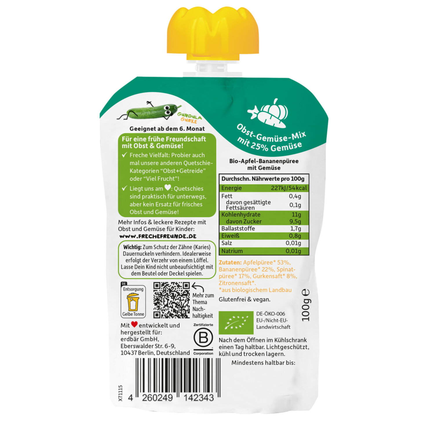 Freche Freunde Bio Quetschbeutel Apfel, Banane, Spinat, Gurke 6+ Monate