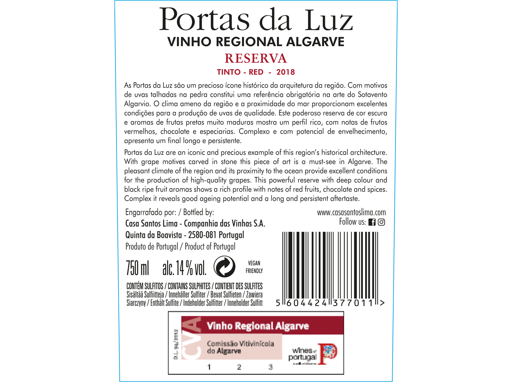 VINHO TINTO PORTAS DA LUZ RESERVA ALGARVE 0.75L